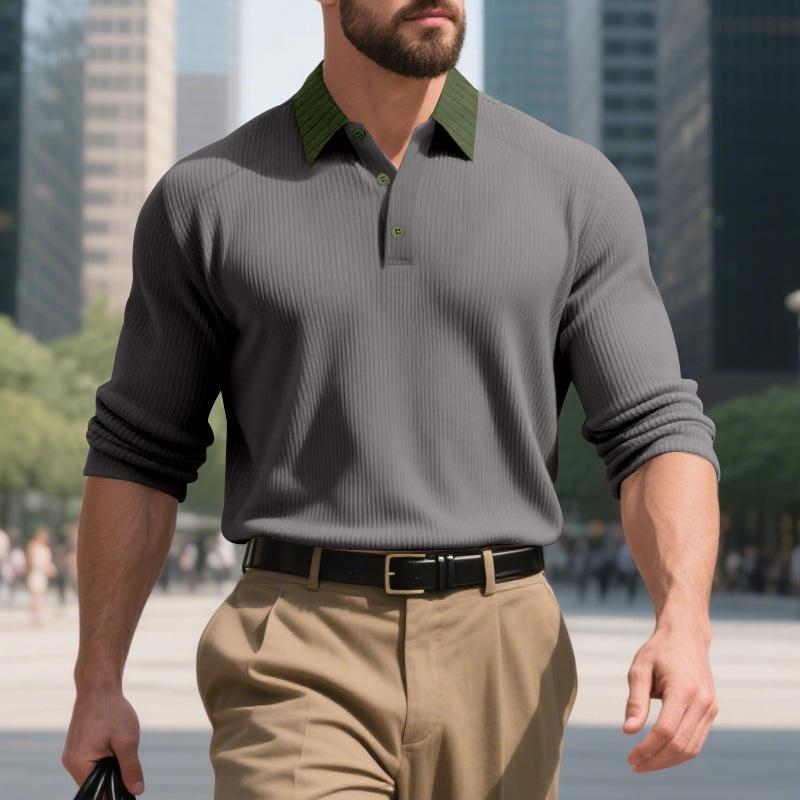 Mens American Turn Down Collar Heavy Weight Color Block Casual Long Sleeve Polo Shirt
