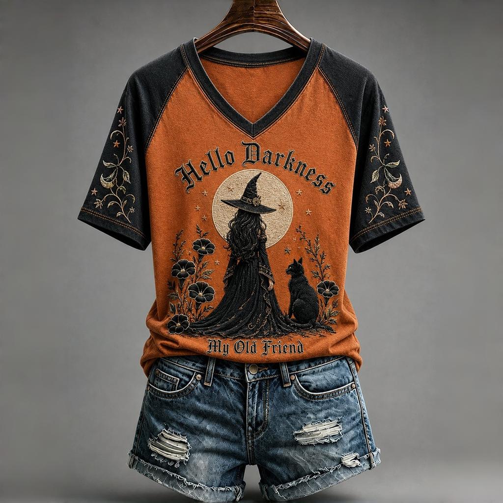Women's V-Neck Short Sleeve Raglan Halloween Print T-Shirt