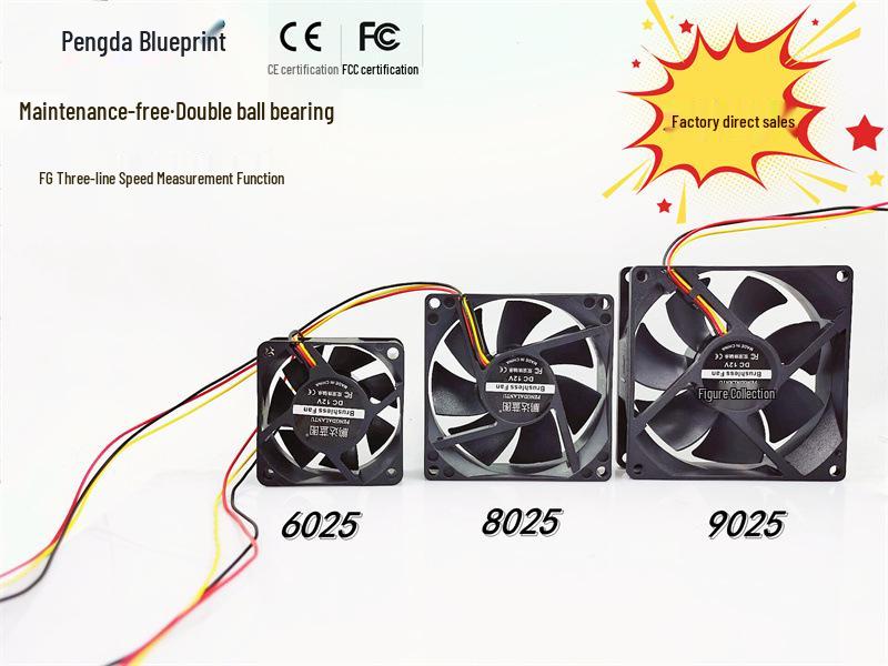 

Pengda Blueprint 12V Computer Case Dual Ball Bearing Fan FG Speed Measurement (9025, 9225, 8025, 7025, 6025) 6025 3-wire with Speed Sensor 12V