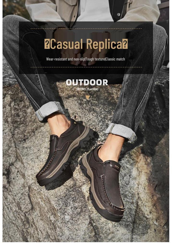 Men's Thick Sole Wear-Resistant Leather Hiking Loafers - Slip-On Casual Shoes
