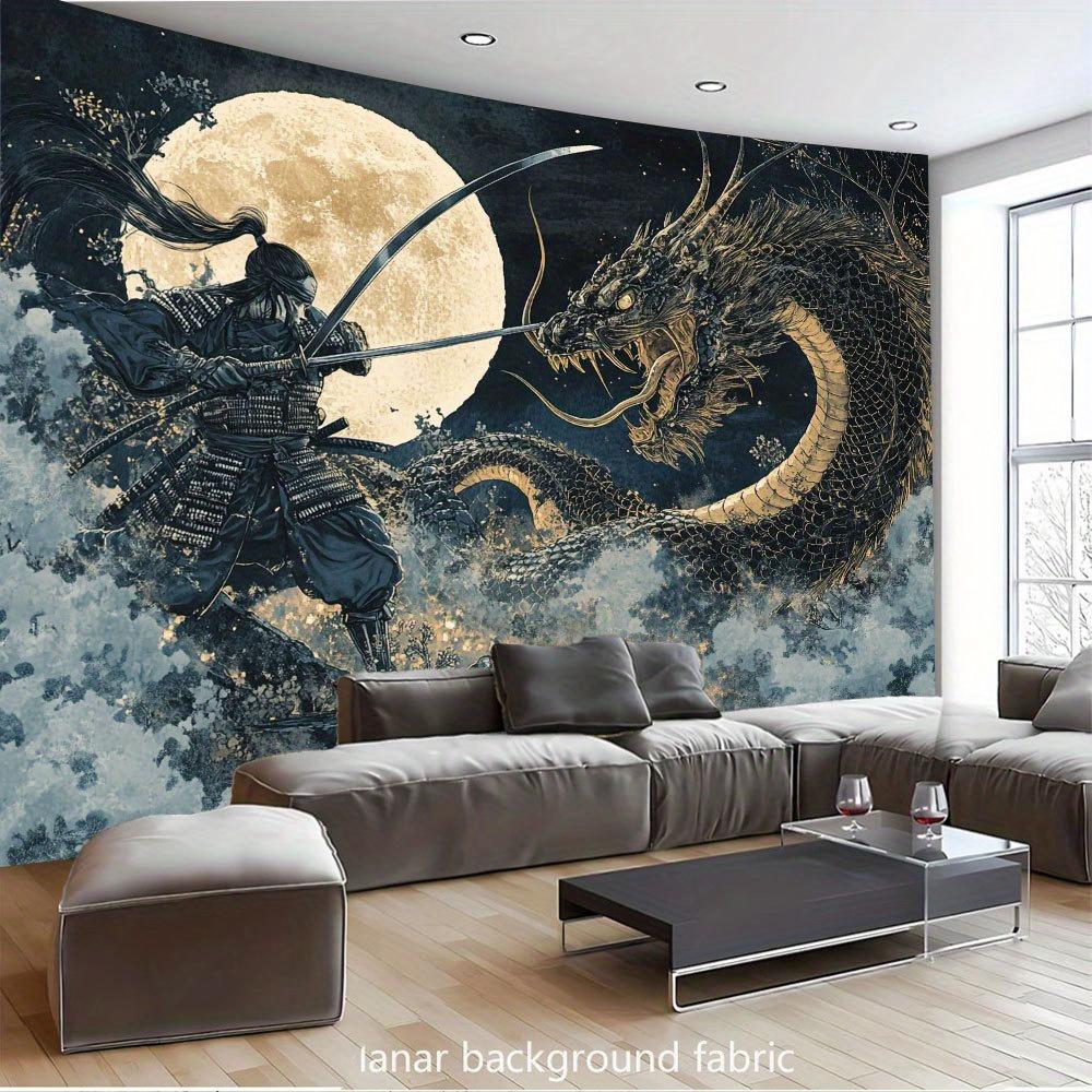 Samurai Warrior Dragon Moon Night Battle Scene Japanese Mythology Tapestry Wall Hanging Decor 2D Planar Background Fabric