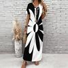 Women Plus Size V Neck Short Sleeve Black White Printed Straight Long Dress