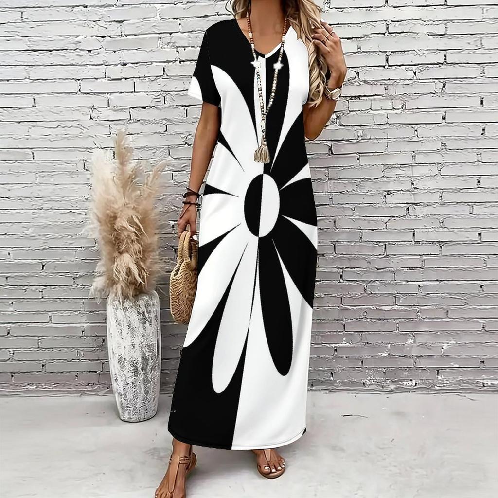 Women Plus Size V Neck Short Sleeve Black White Printed Straight Long Dress