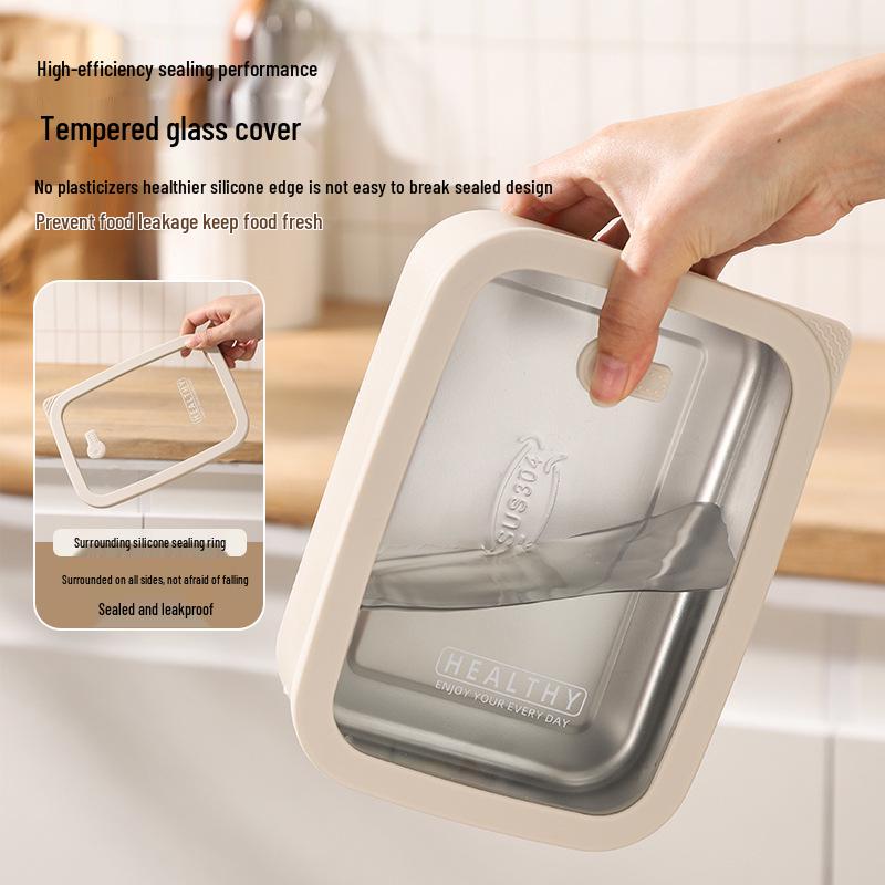 Korean Square 304 Stainless Steel Lunch Box with Airtight Glass Lid - Microwave Safe