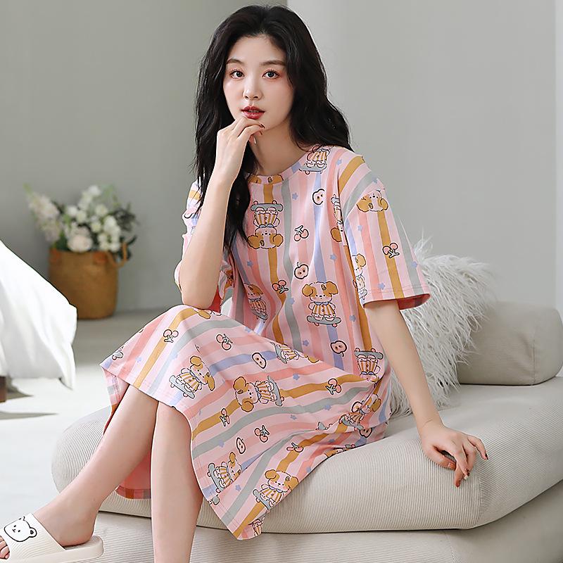 Women's Summer Korean-Style Pure Cotton Short Sleeve Loose Mid-Length Nightgown Pajamas for Home or Casual Wear