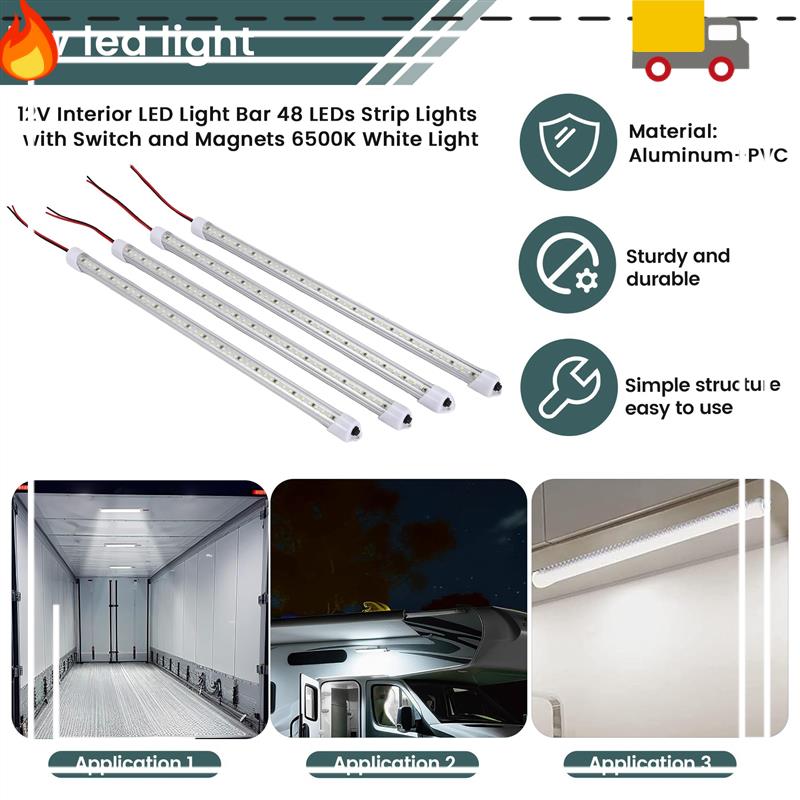 12V Interior LED Light Bar 48 Leds Strip Lights With Switch And Magnets 6500K White Light For Car Van RV With US Plug