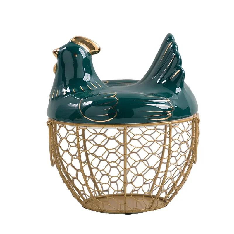 Cute Hen-shaped Egg Storage Basket Metal Wrought Iron Egg Basket with Lid Kitchen Food Debris Storage Container Home Decoration