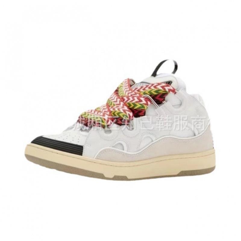 Langfan Men's and Women's Leather Splicing Lace-up CURB Sports and Leisure Shoes Retro Board Shoes New Shoes