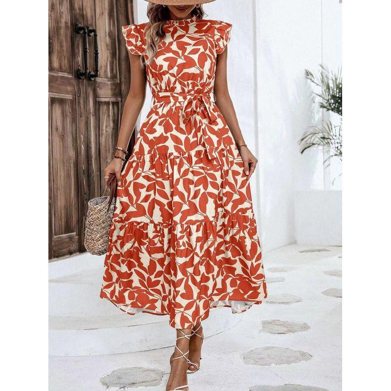 

Bohemia Summer New Arrival Stringy Selvedge round Neck Leaves Print Fashion Flying Sleeves Ruffles Dress Long Dress Orange Red 2XL