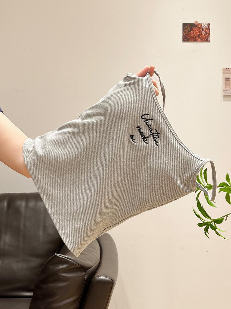 Women Spaghetti Strap Camisole Top Generic Letter Embroidery Ribbed Slim Fit Cami Tank Top, Cloud White Milk Blue Gray Black