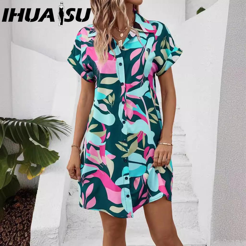 IHUASU Women's Summer Fashion Color Floral Print Cardigan Short Sleeve Shirtdress