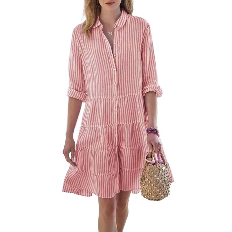 Women's Striped Cardigan Knee Length Shirt Long Sleeves Top