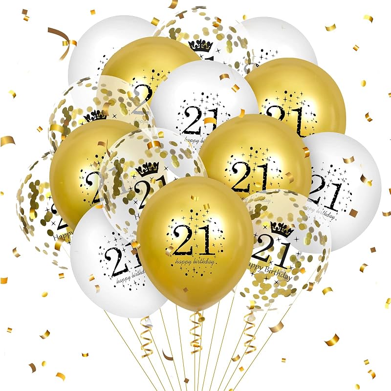 21st Birthday Balloons - 15pcs White Gold Happy Birthday Latex Balloons with Confetti for Boys & Girls 12 inch