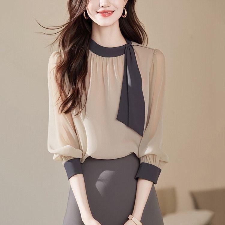 2025 Elegant French Black Ribbon Chiffon Long Sleeve Top XL (Recommended 115-125 lbs)