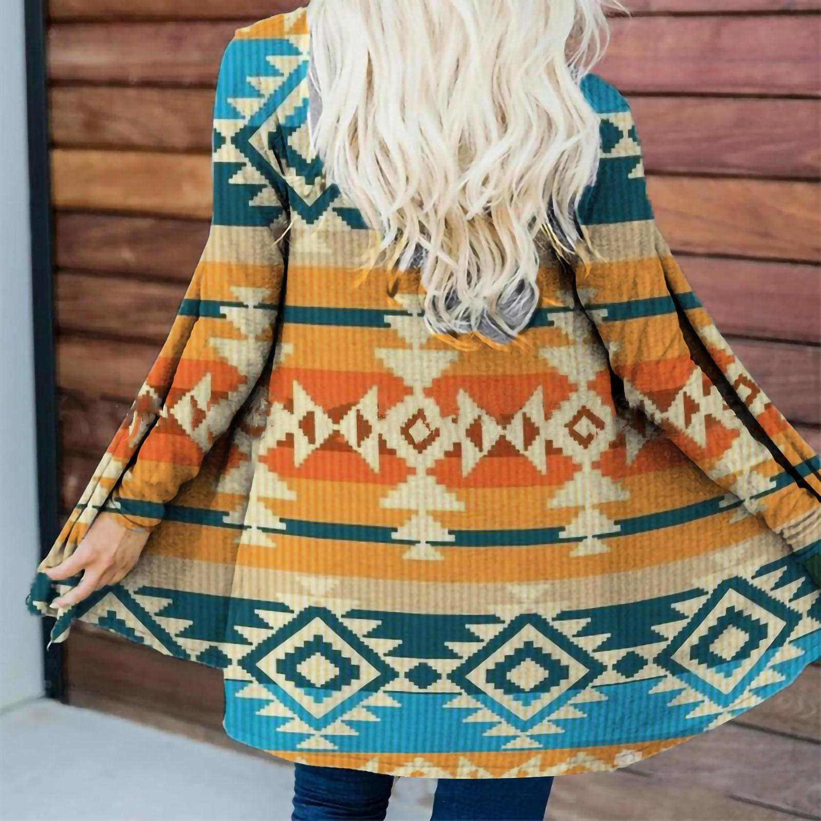 

Зимний модный женский повседневный кардиган с длинными рукавами и народным принтом в стиле племени M жёлтый