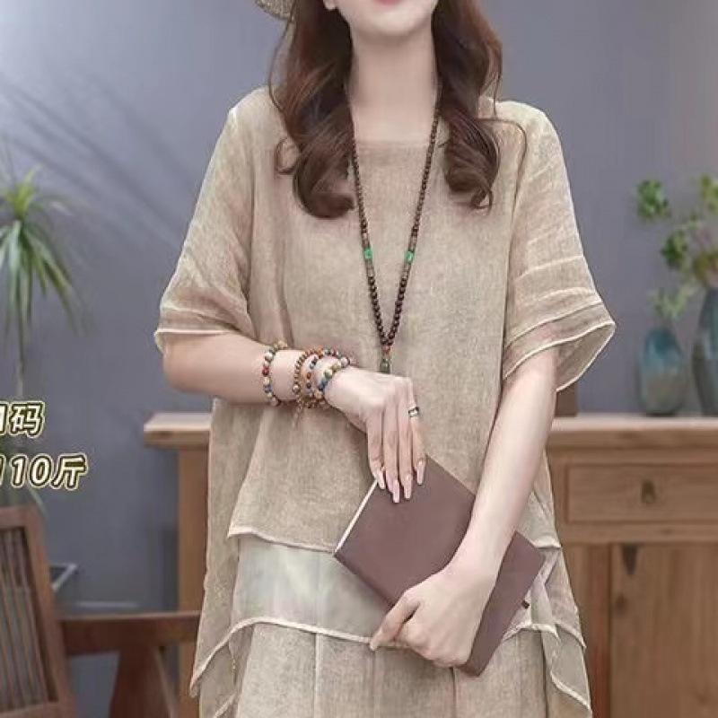 Retro Cotton Linen Set Women Summer Loose Slimming Belly Covering Two-piece Set Elegant Style Casual Fashion Trend