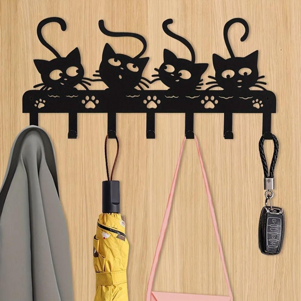 Black Cat Wall Hat Hanger Iron Cartoon Cat Coat Hook Easy To Install Key Holder  Household