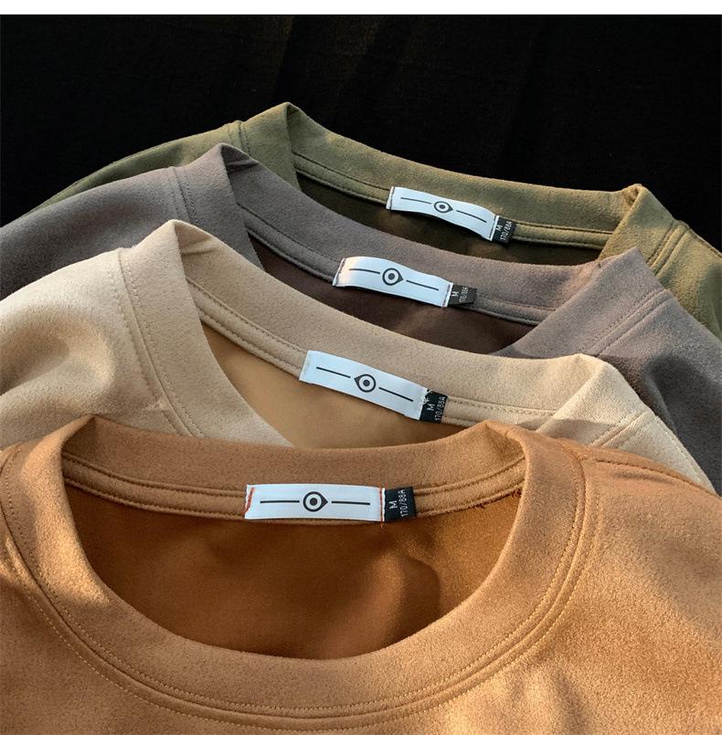 American Retro Men's Oversized Suede Short Sleeve T-Shirt - Trendy Summer Fashion, Small Collar, 5-Point Sleeve, 220g Heavyweight.