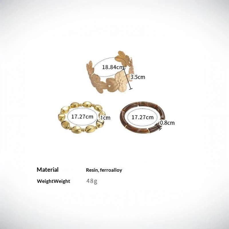 3Pcs Bohemian Ethnic Resin Bracelets for Women Golden Blossom Beaded Alloy Craft Fashion Wrist Accessory for Outdoor Picnic