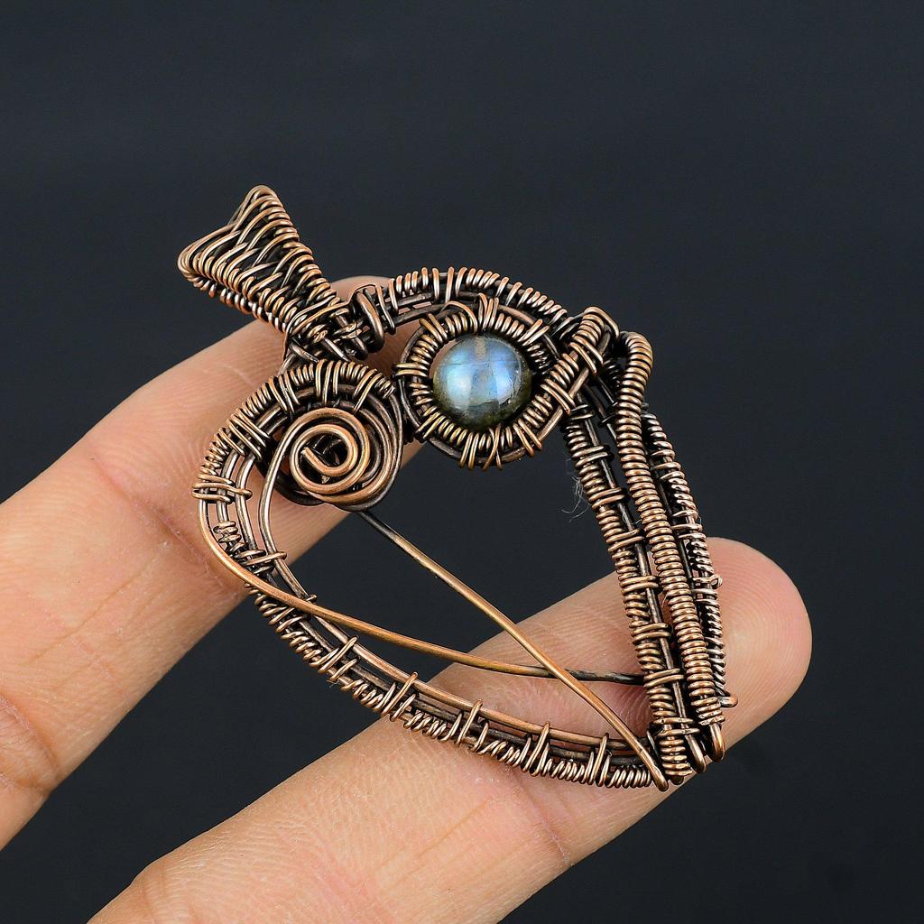 Wisiorek z labradorytu, Ręcznie robiony wisiorek owinięty drutem miedzianym 999, Antyczna biżuteria, Na prezent Srebrna biżuteria