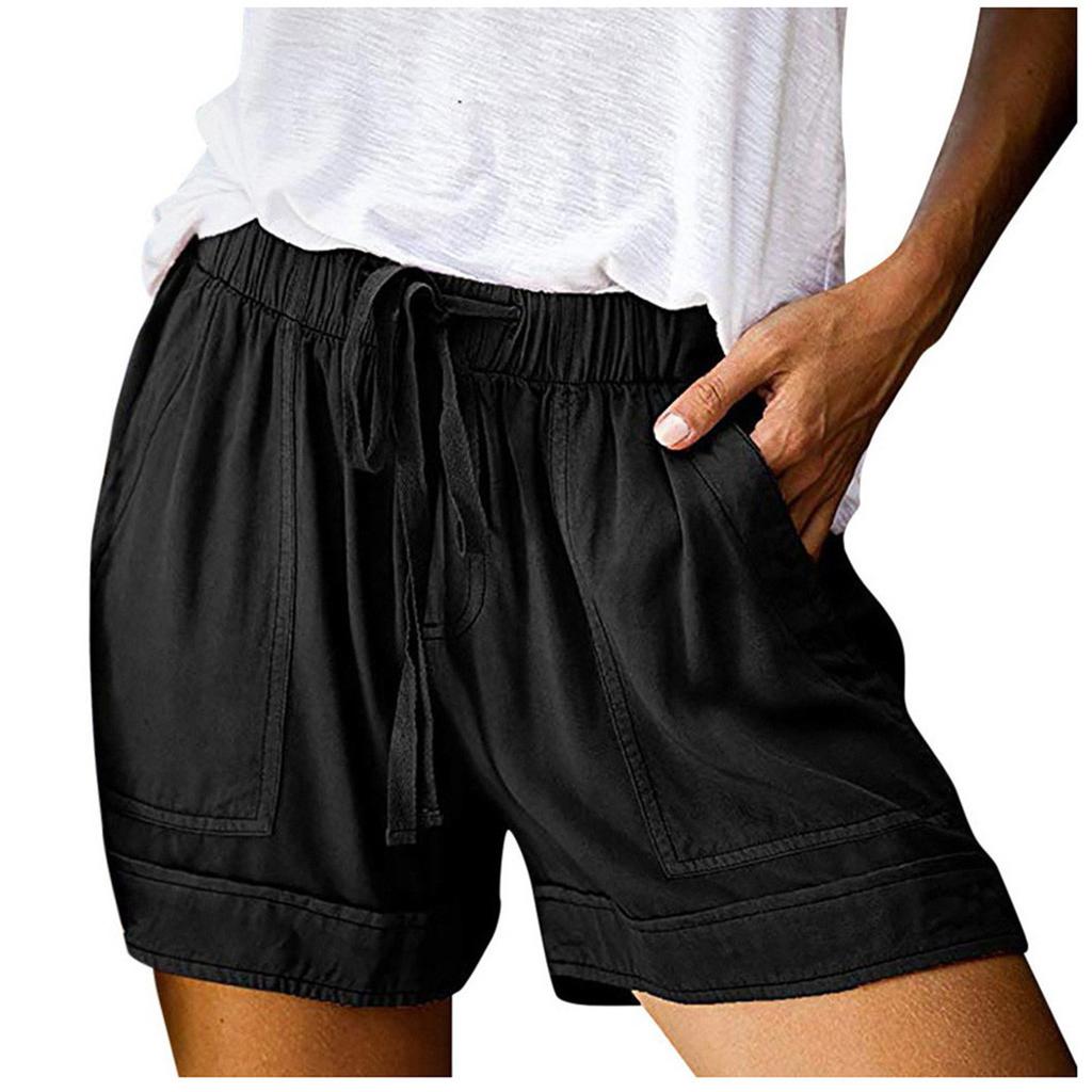 Women's Summer Large Size Loose Solid Color Drawstring Lace-Up Pocket Casual Shorts Women