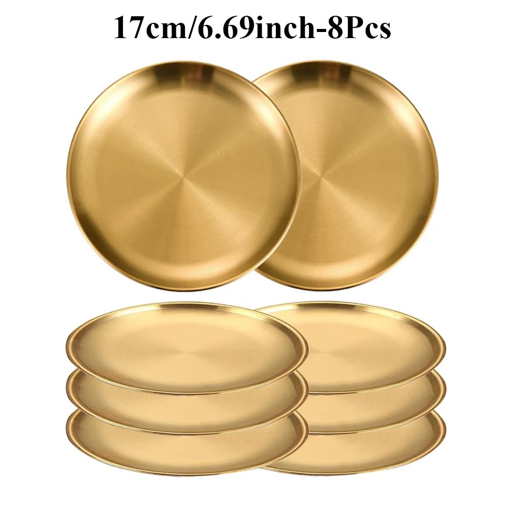 8PC Metal Dining Dish Stainless Steel Round Plate Shallow Tray 14/17/20/23/26cm BBQ Picnic Camping Food Container Tableware Set