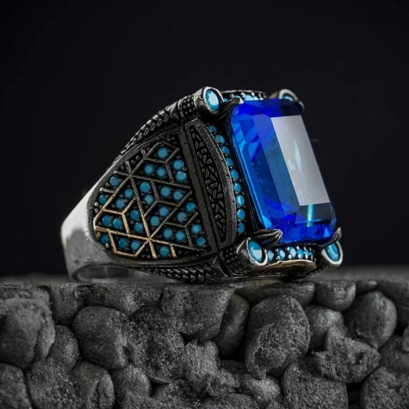 

Турецкая печатка ручной работы в стиле ретро для мужчин, серебряный цвет, резьба по узору, инкрустация, синий циркон, панк, моторное байкерское кольцо, аксессуары