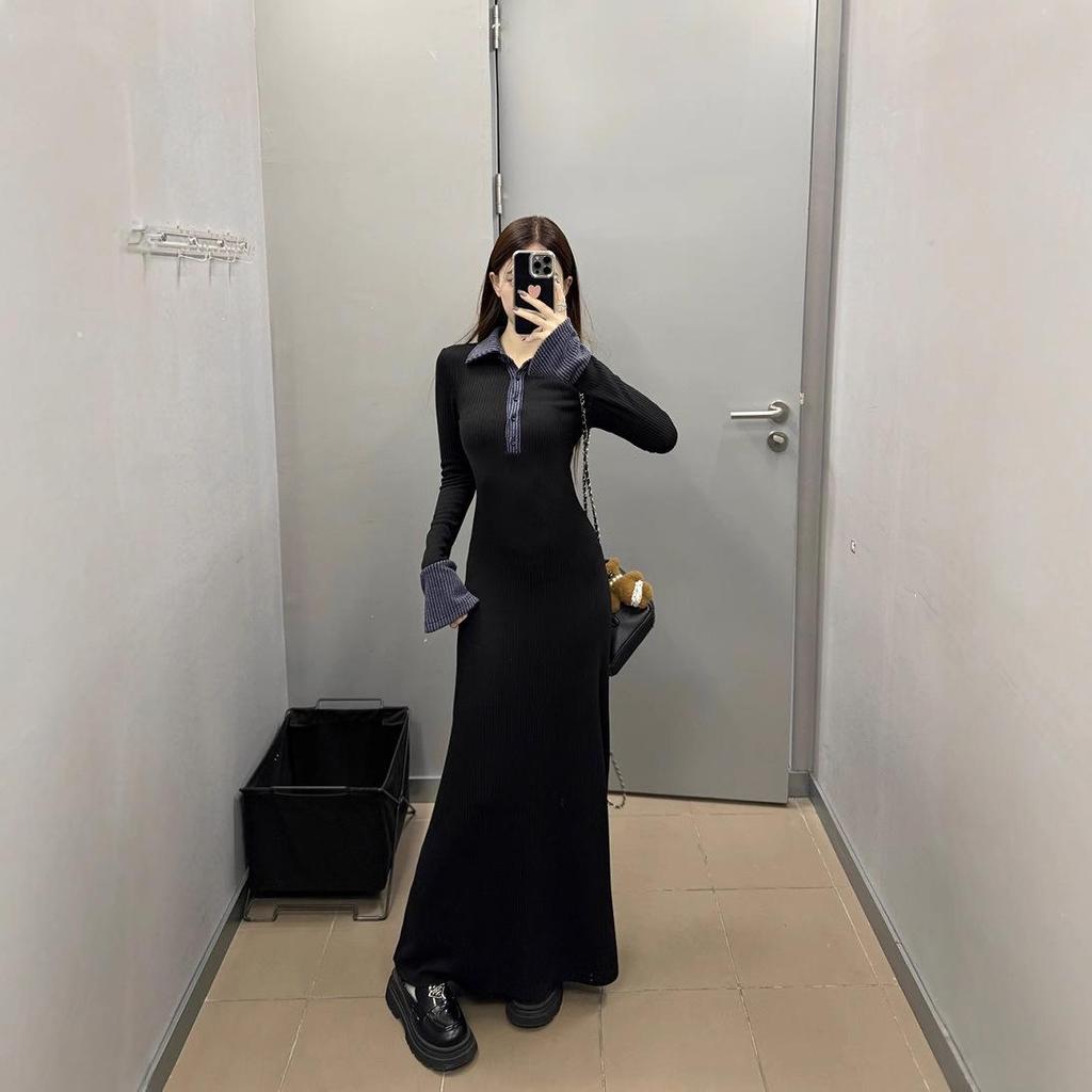 Women's Spring Collection: Black Slimming Ruffle Long Dress with Turn-Down Collar and Waist-Cinching Design