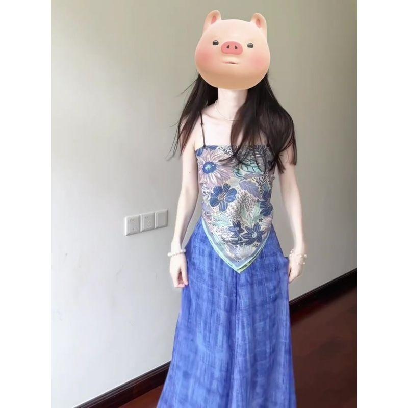 Super Beautiful Holiday Style Set Women Summer Blue Print Backless Sling Top Casual Wide-Leg Pants Two-piece Set