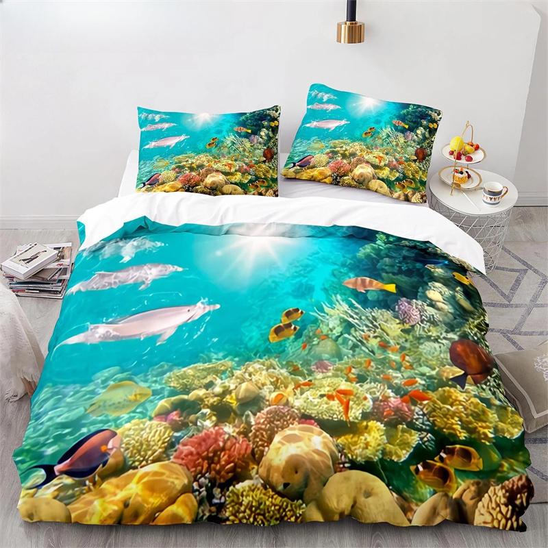 Underwater World King Queen Duvet Cover Cartoon Ocean Animal Bedding Set For Kids Fish Coral Sea Life Soft Polyester Quilt Cover