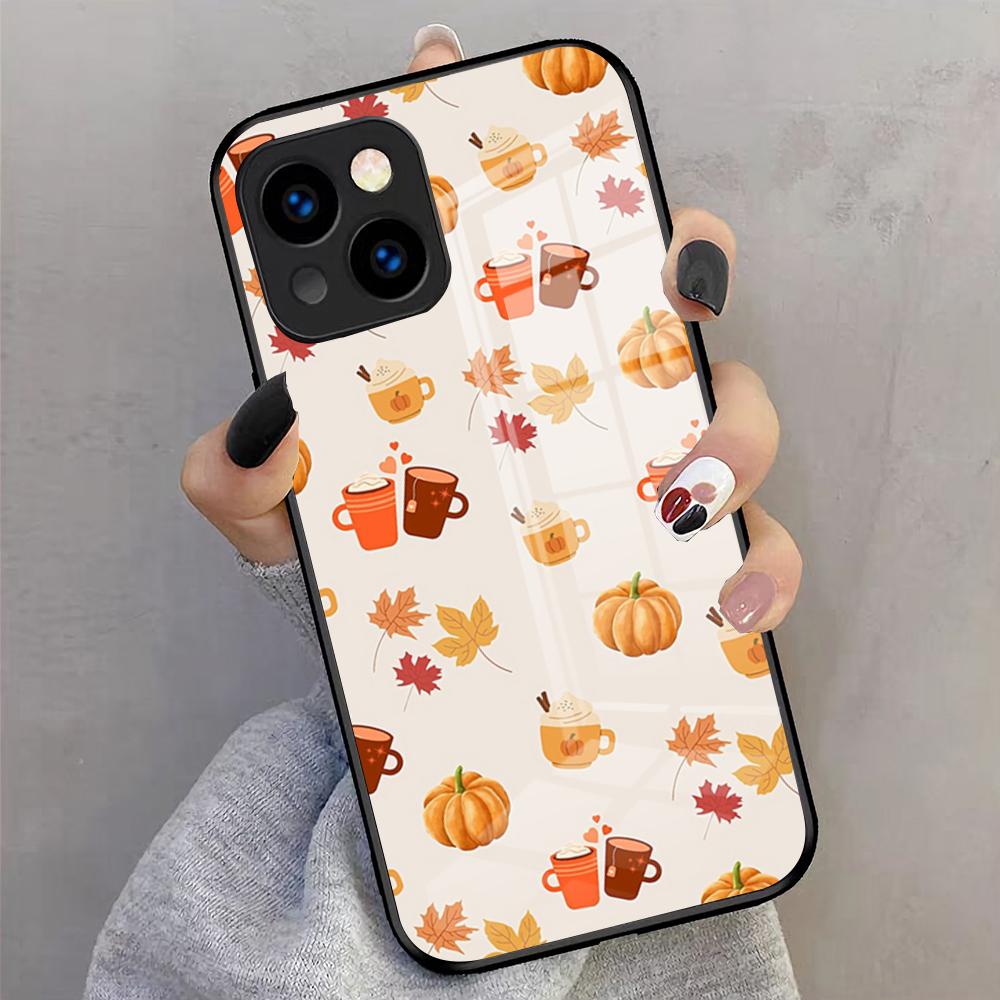 

Autumn Leaves Pumpkin Coffee Phone Case For IPhone 17 Pro Max 16 15 14 Pro Max 13 11 X Xs Xr 8 7Plus Glass Cover iPhone 14 Pro Max