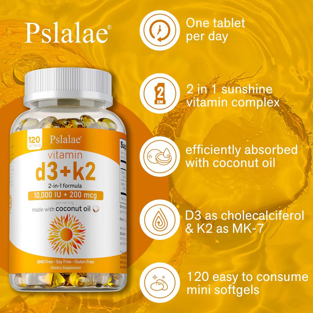 Vitamin D3+K2 Soft Capsules, Coconut Oil Base, Immune Support, Suitable for Both Men and Women.