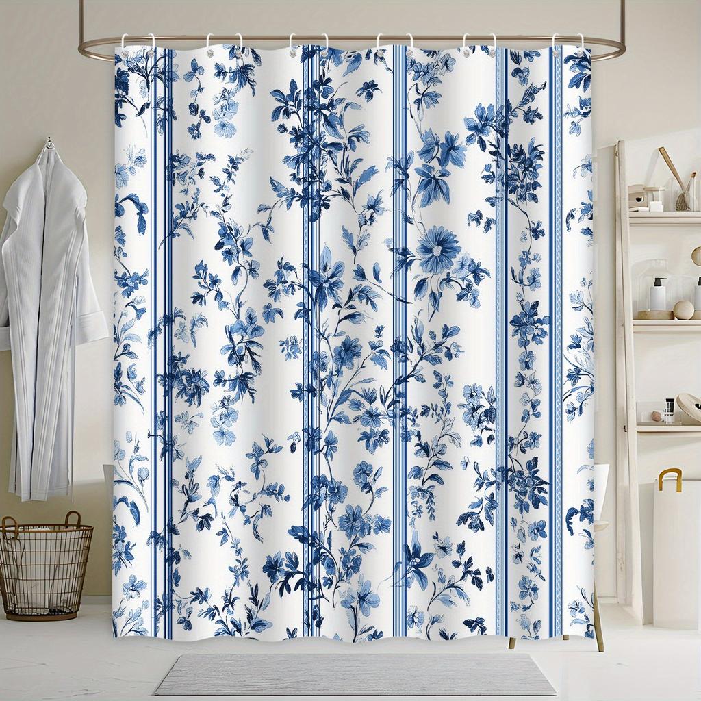 Blauer Blumiger Duschvorhang - Elegante Hohe Blumen, Traditionelles Blau-Weißes Porzellan-Design, Maschinenwaschbares Polyester