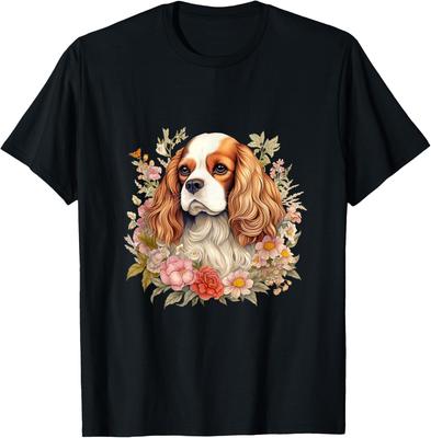 Cavalier King Charles Spaniel Dog Floral Graphic Tee Breathable Cotton Short Sleeve T-Shirt Casual for Men