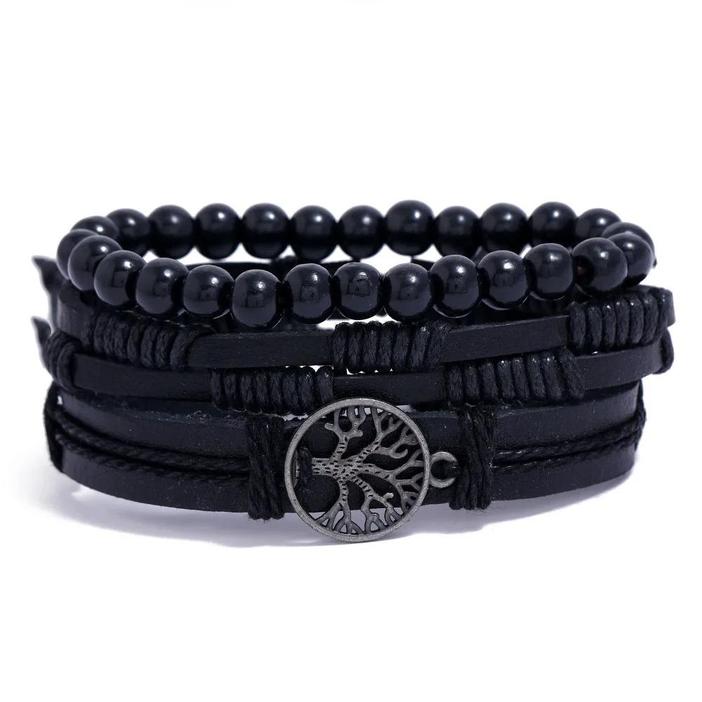 Braided Leather Bracelets for Men Vintage Life Tree Charm Wood Beads Ethnic Tribal Wristband Rope Bracelet Set