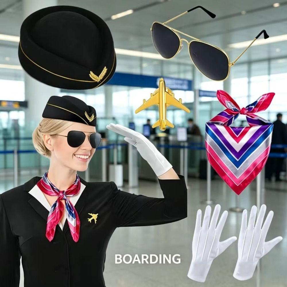 Gloves Scarf Women's Stewardess Costume Dress Up Flight Attendant Hat Stage Performance