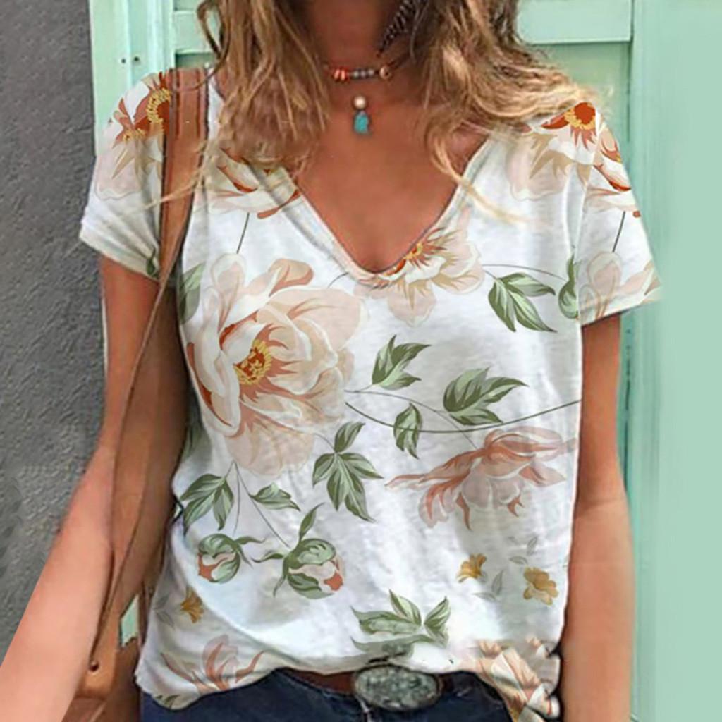 

(SU)Женские летние топы, свободная мягкая повседневная футболка с цветочным принтом и коротким рукавом, верхняя блузка