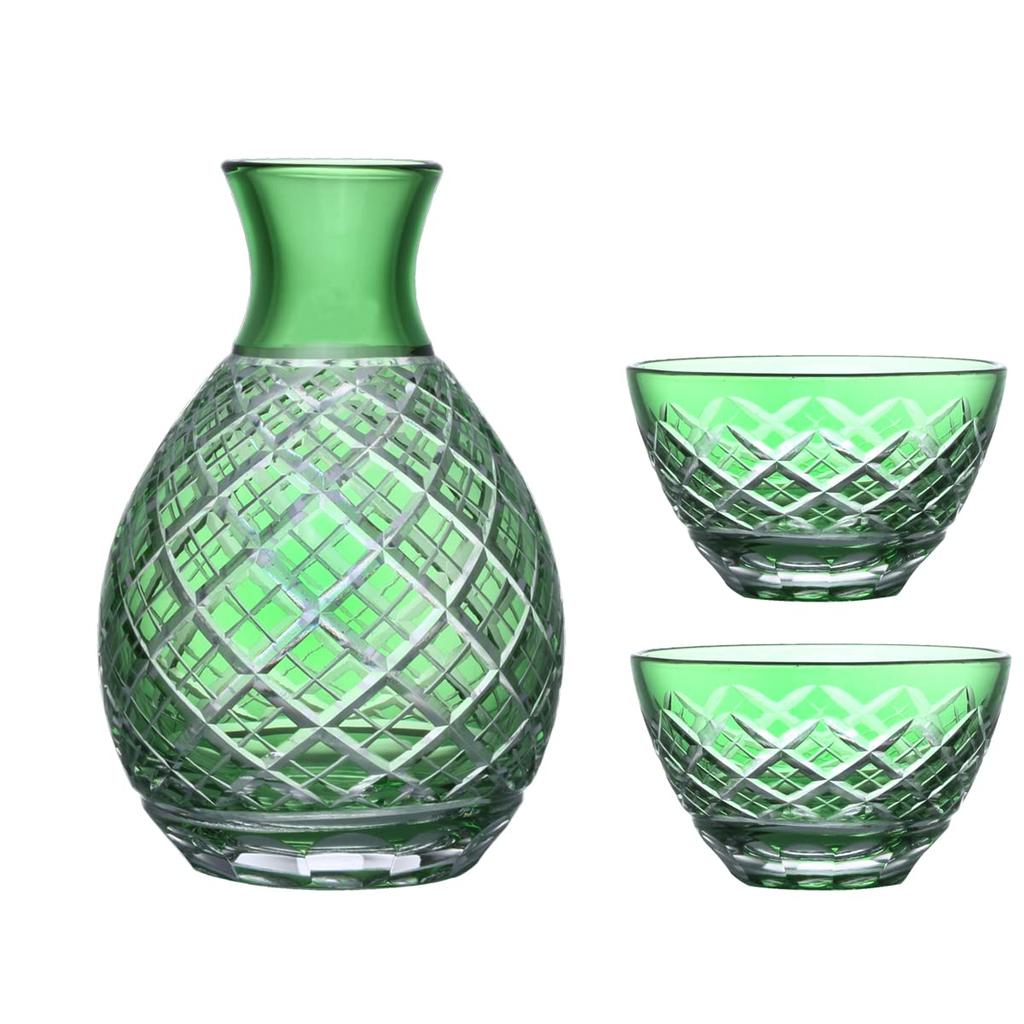 Nostalgia Glass Kiriko Cups for Sake of 2 Sake 1 with Diamond Current Model J-kitchens (Set Cups, Tokkuri) Pattern, Green,