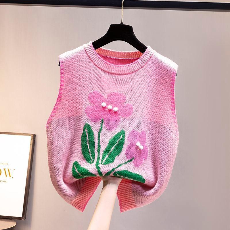 Round Neck Knitted Vest Embroidered Flowers Splicing Color Design Women's Knitted Pullover Sweater Loose Casual Top Autumn