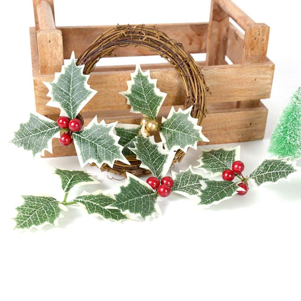 30PCS Fake Plant Artificial Holly Berry Leaves Handmade Materials Red Berries  Christmas Decoration