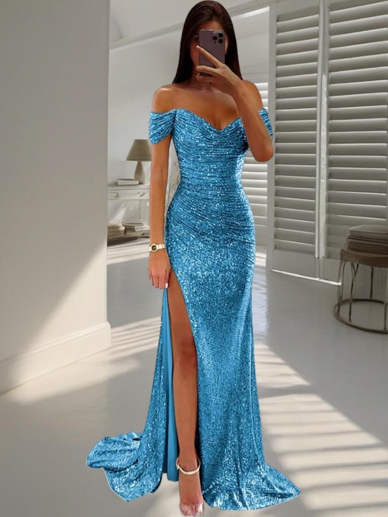 European and American women's clothing new one-word neck tube top skirt with big swing split ends sexy fashion dress sequined evening dress