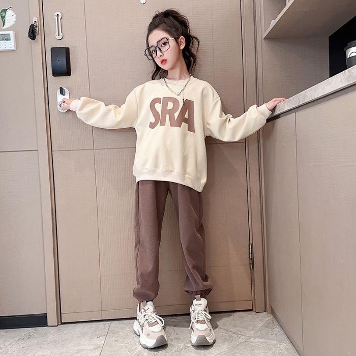 

Модный корейский спортивный костюм для девочек - Весенне-осенний топ с надписью и повседневные брюки 140cm хаки