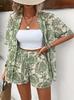 2025 Elegant Two-Piece Vacation Print Set: Short Sleeve Tie-Waist Shirt & High-Waist Shorts