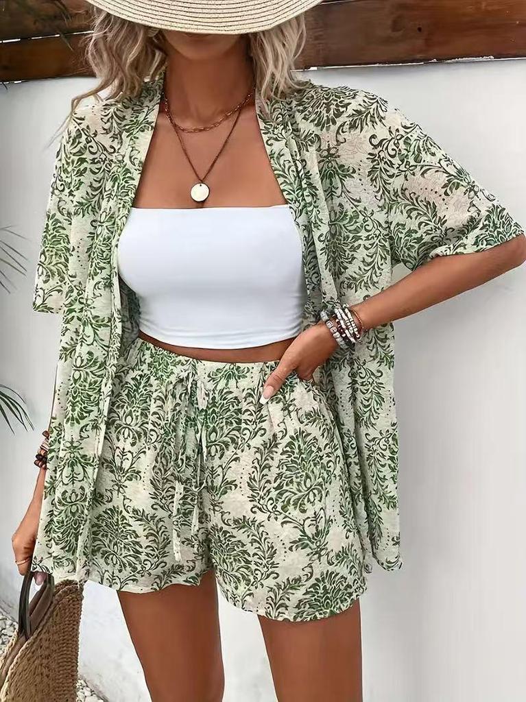 2025 Elegant Two-Piece Vacation Print Set: Short Sleeve Tie-Waist Shirt & High-Waist Shorts
