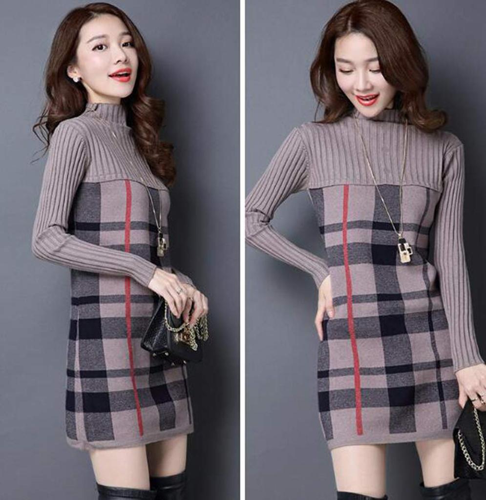 CARLIE KLOSS Sexy Knit High Long Mini Bodycon Size L Women's Korean-Style Dress, Neck, Sleeves, Dress, Dress, Brown,