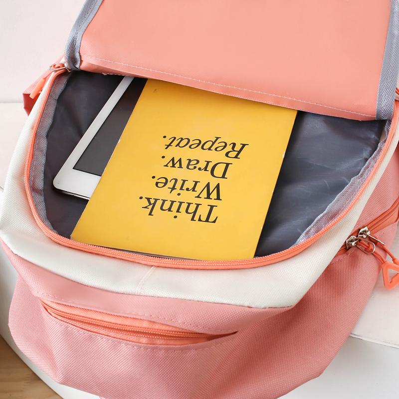 Five-Piece Backpack Set Women's Color Block Backpack Student Schoolbag Large Capacity Backpack