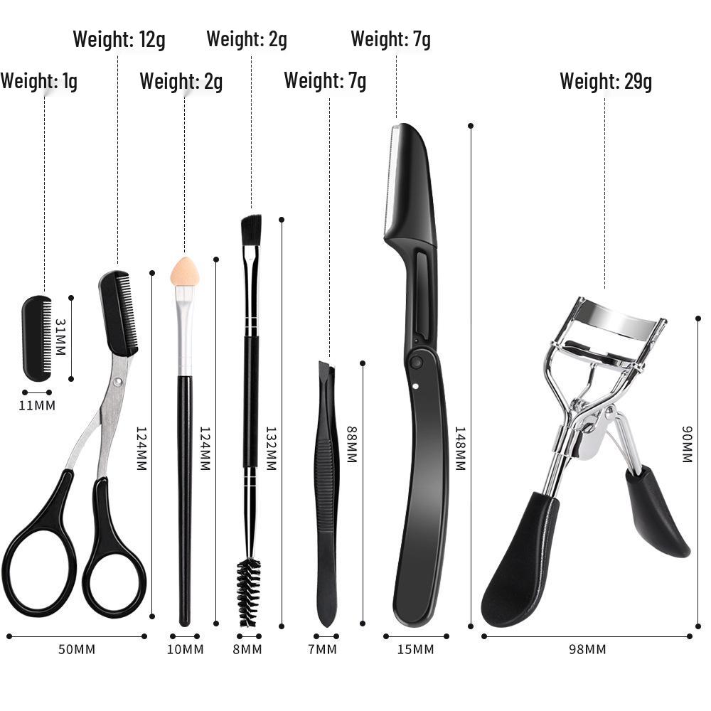 Black Eyelash and Brow Grooming Set with Comb, Brush, Curler, Stainless Steel Razor, Tweezers, and Scissors