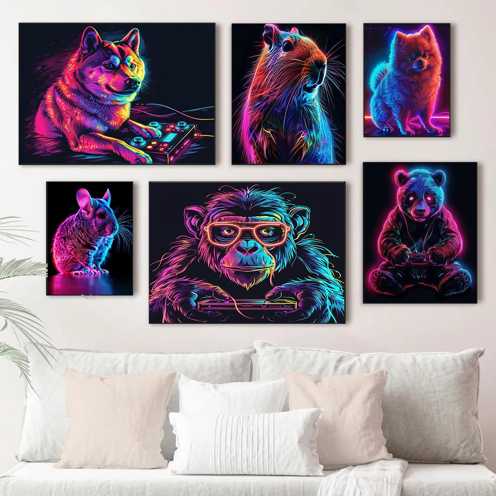 Interessantes Tier-Spieler-Poster Brillanter Neon-Effekt Panda Hund Gamer-Drucke Leinwand Wandbilder Heim Wohnzimmer Dekor
