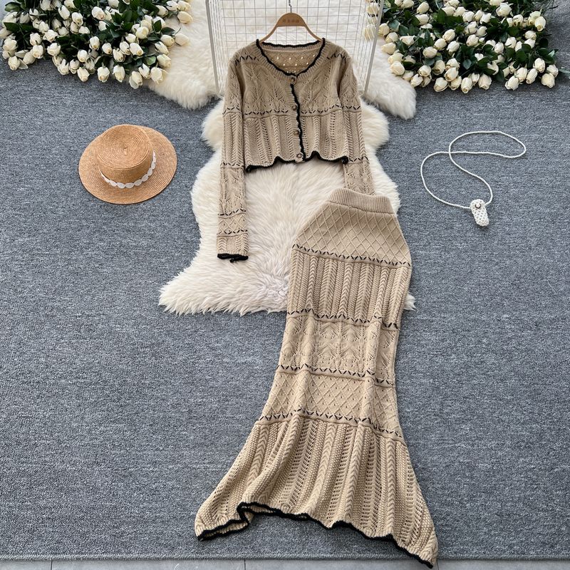 French Style Gentle Fancy Cut Out Knitting Cardigan Outwear + Silm Sheath Fishtail Skirt Two-piece Set