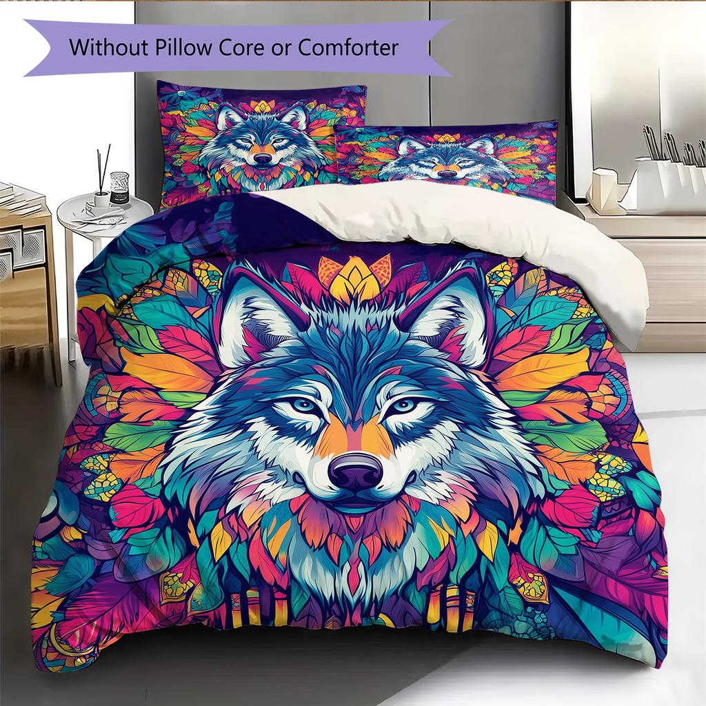 Colorful wolf  Pattern Bedding Quilt Set Quilt Cover Pillowcase Home Decoration  Gift (1 * duvet cover + 2 * pillowcase, without core)